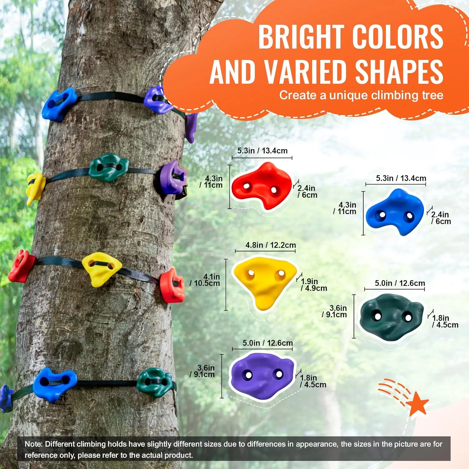 VEVOR Ninja Tree Climbing Kit, 12 Tree Climbing Holds and 6 Ratchet Straps, Large Climbing Rocks for Kids and Adults Climber, and Shapes, for Outdoor Ninja Warrior Obstacle Training