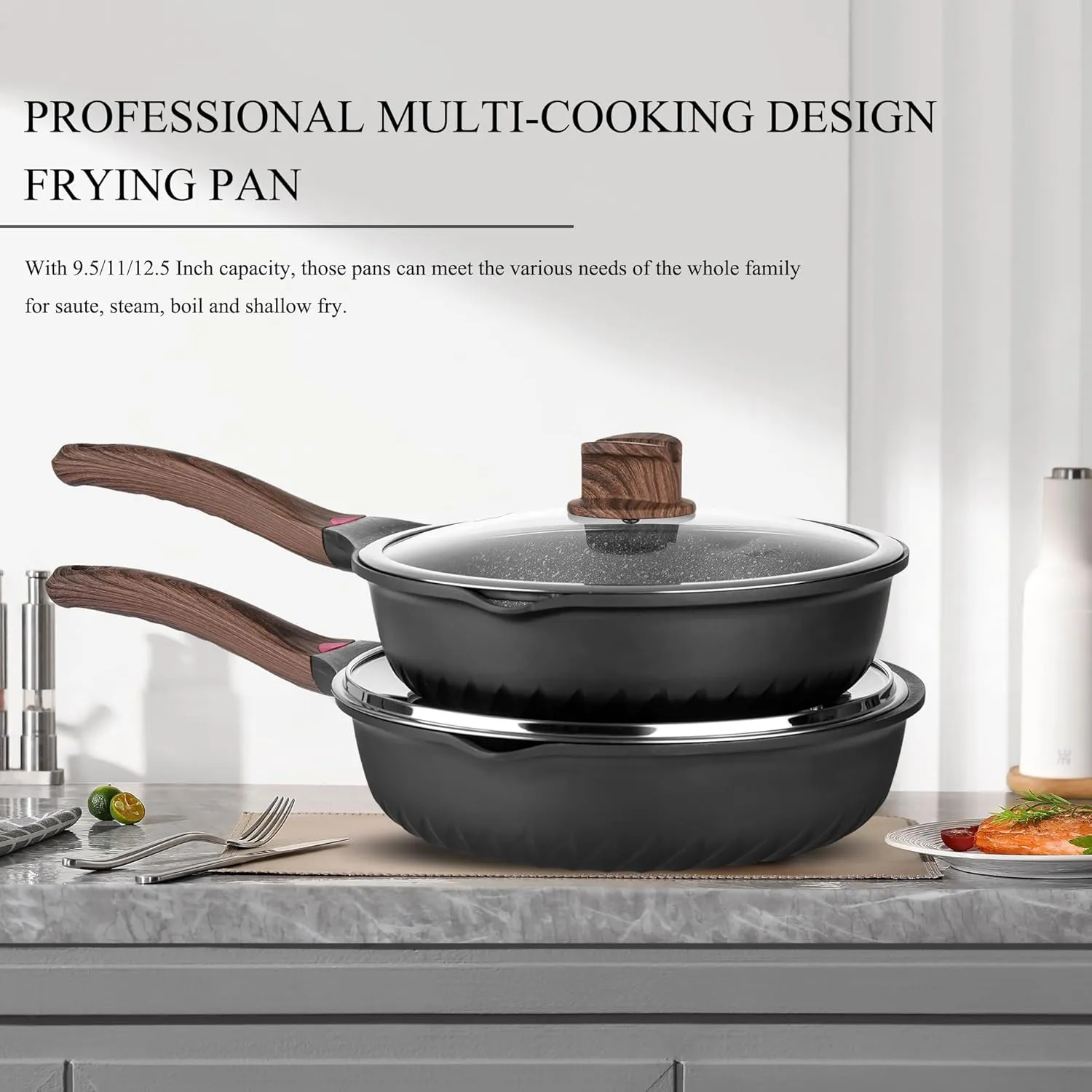 Vinchef Pots and Pans Set, 12pcs Nonstick Induction Kitchen Cookware Sets with Stay-Cool Handles, Frying Pans and Saute Pan with Lid, Silicone Cooking Utensil Sets and Pot Protectors, PFAS, PFOA Free