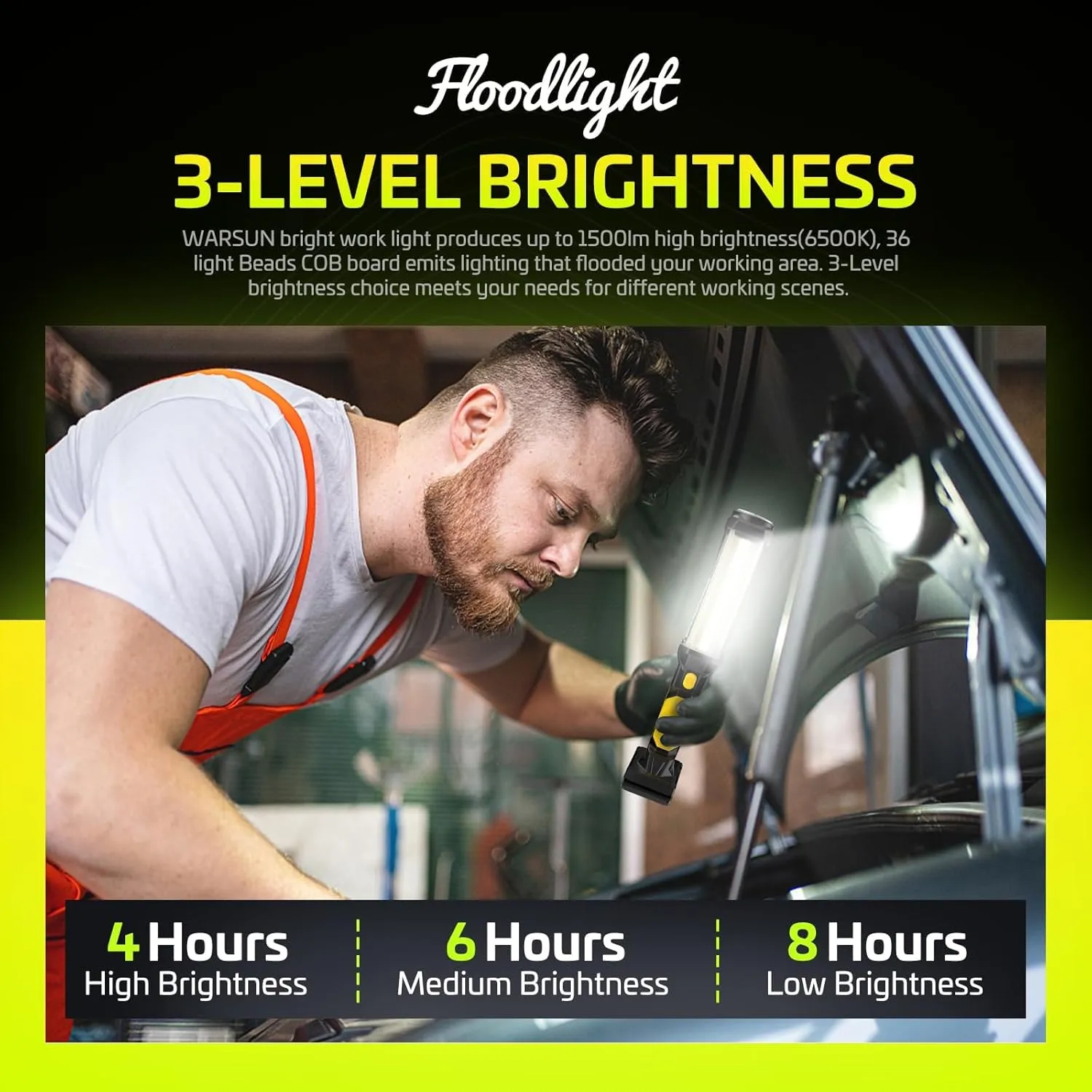 WARSUN Work Light Rechargeable LED 1500 Lumens Super Bright COB Portable Work Lights Magnetic Base and Hook Work Flashlight for Car Repair Machine Emergency, Father Day Tool Gifts for Men Dad, Yellow