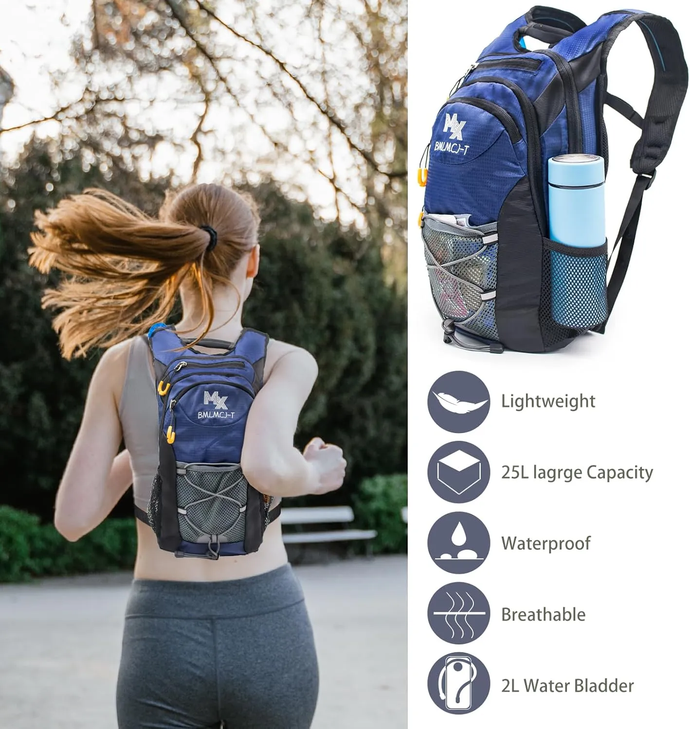 Water Backpack with 2L Water Bladder-Waterproof Insulated Hydration Backpack Women& Men Tactical Lightweight 25L Hydration Backpack with Storage for Hiking Running Biking Cycling
