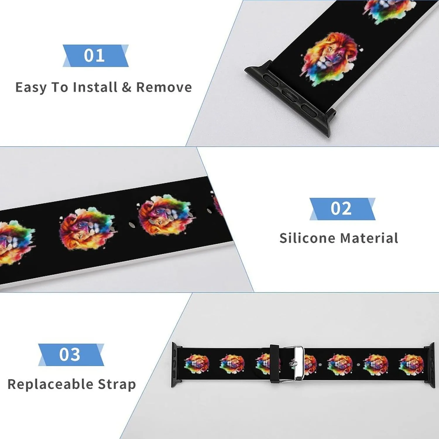 Watercolor Lion Adjustable Silicone Watchband Compatible with IWatch Classic Soft Sports Watch Strap for Men Women