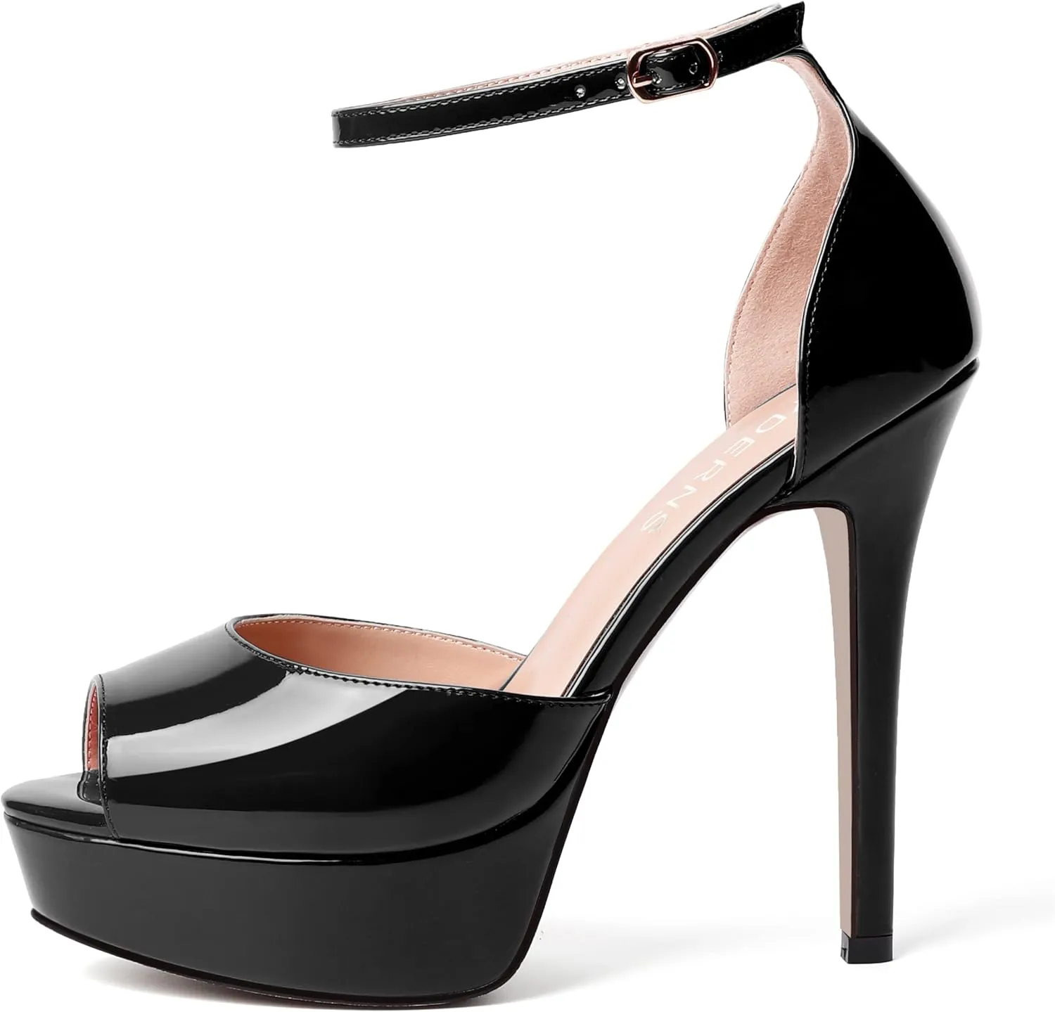 WAYDERNS Womens Peep Toe Adjustable Strap Evening Platform Dress Patent Buckle Stiletto High Heel Pumps Shoes 5 Inch