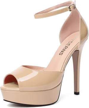 WAYDERNS Womens Peep Toe Adjustable Strap Evening Platform Dress Patent Buckle Stiletto High Heel Pumps Shoes 5 Inch