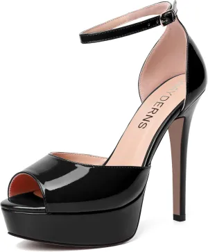 WAYDERNS Womens Peep Toe Adjustable Strap Evening Platform Dress Patent Buckle Stiletto High Heel Pumps Shoes 5 Inch