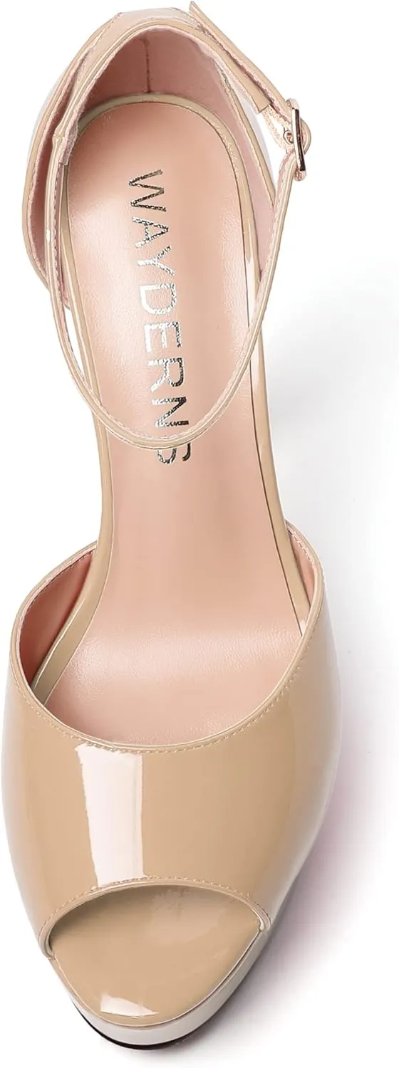 WAYDERNS Womens Peep Toe Adjustable Strap Evening Platform Dress Patent Buckle Stiletto High Heel Pumps Shoes 5 Inch