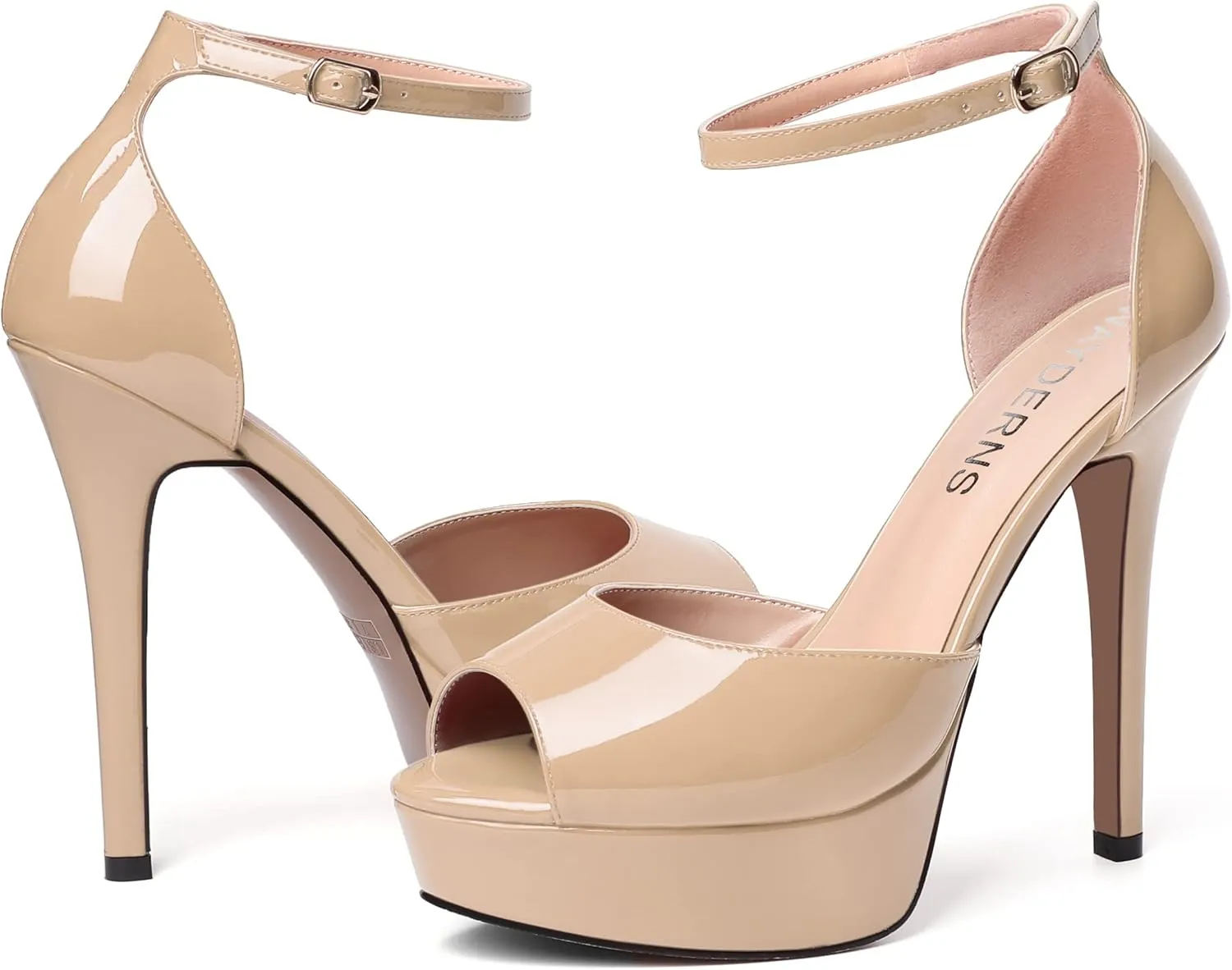 WAYDERNS Womens Peep Toe Adjustable Strap Evening Platform Dress Patent Buckle Stiletto High Heel Pumps Shoes 5 Inch