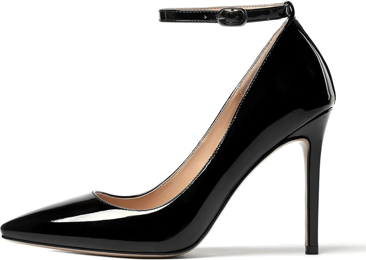 WAYDERNS Women's Pointed Toe Adjustable Strap Wedding Sexy Ankle Strap Buckle Patent Stiletto High Heel Pumps Shoes 4 Inch
