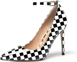 WAYDERNS Women's Pointed Toe Adjustable Strap Wedding Sexy Ankle Strap Buckle Patent Stiletto High Heel Pumps Shoes 4 Inch