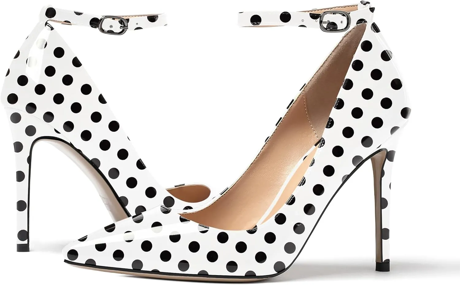 WAYDERNS Women's Pointed Toe Adjustable Strap Wedding Sexy Ankle Strap Buckle Patent Stiletto High Heel Pumps Shoes 4 Inch