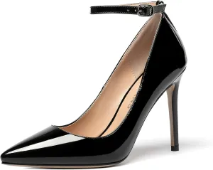 WAYDERNS Women's Pointed Toe Adjustable Strap Wedding Sexy Ankle Strap Buckle Patent Stiletto High Heel Pumps Shoes 4 Inch
