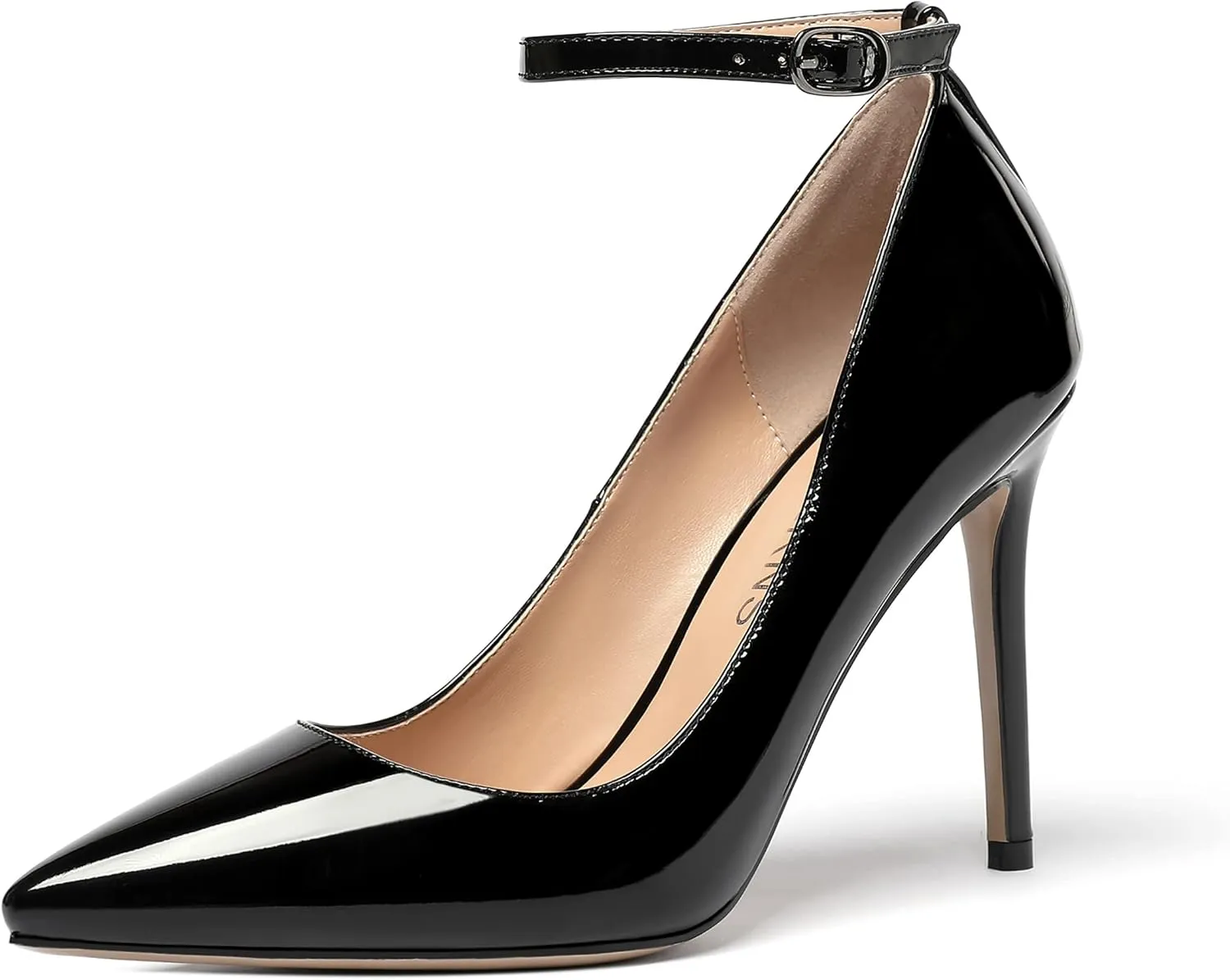 WAYDERNS Women's Pointed Toe Adjustable Strap Wedding Sexy Ankle Strap Buckle Patent Stiletto High Heel Pumps Shoes 4 Inch