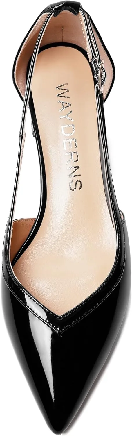 WAYDERNS Womens Pointed Toe Buckle Patent Adjustable Strap Sexy Party Chunky Low Heel Pumps Shoes 1.5 Inch