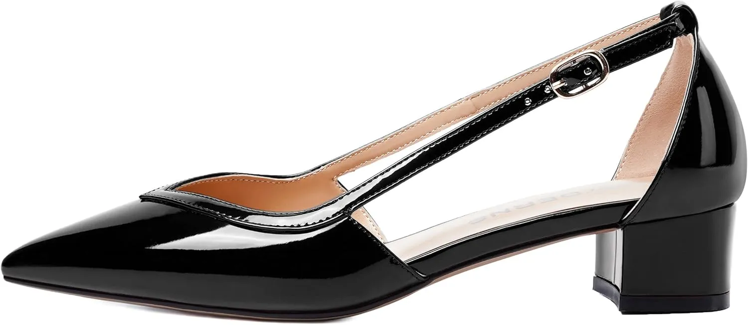 WAYDERNS Womens Pointed Toe Buckle Patent Adjustable Strap Sexy Party Chunky Low Heel Pumps Shoes 1.5 Inch