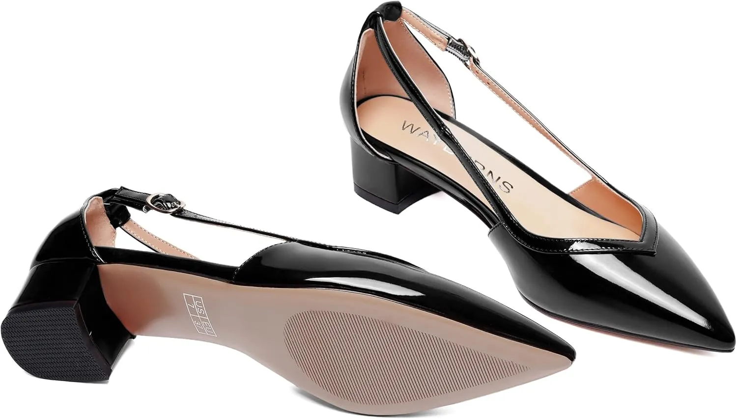 WAYDERNS Womens Pointed Toe Buckle Patent Adjustable Strap Sexy Party Chunky Low Heel Pumps Shoes 1.5 Inch