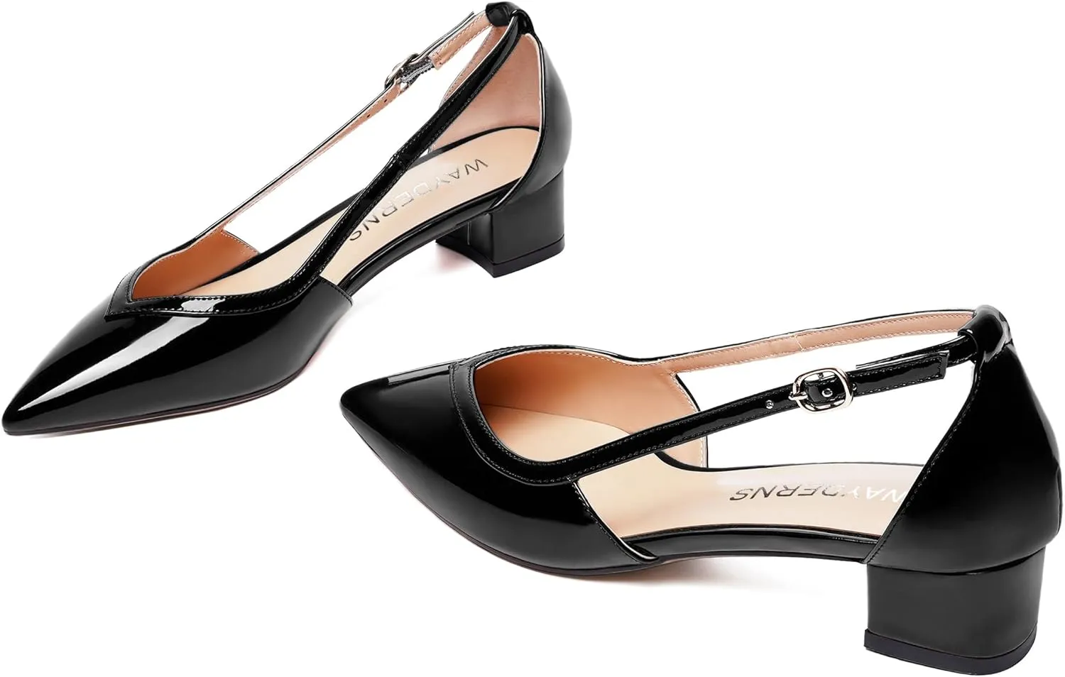 WAYDERNS Womens Pointed Toe Buckle Patent Adjustable Strap Sexy Party Chunky Low Heel Pumps Shoes 1.5 Inch