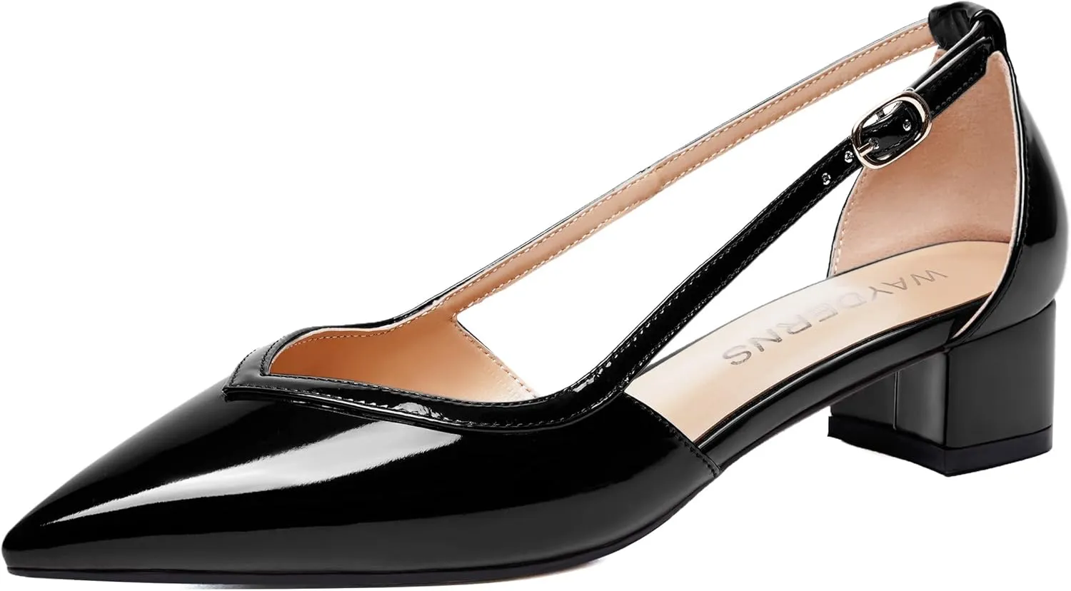 WAYDERNS Womens Pointed Toe Buckle Patent Adjustable Strap Sexy Party Chunky Low Heel Pumps Shoes 1.5 Inch