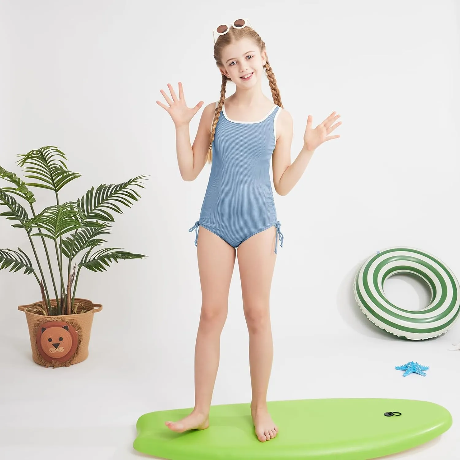 Weixinbuy Girls Swimsuit Ribbed Bathing Suit for Girls Adjustable Strap Color Block Summer Beach One Piece Swimsuit