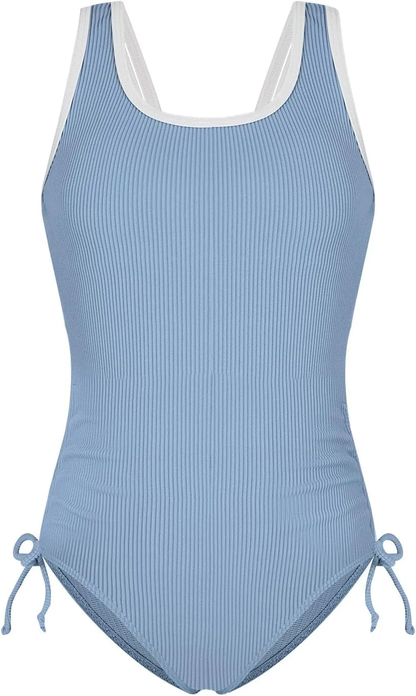 Weixinbuy Girls Swimsuit Ribbed Bathing Suit for Girls Adjustable Strap Color Block Summer Beach One Piece Swimsuit