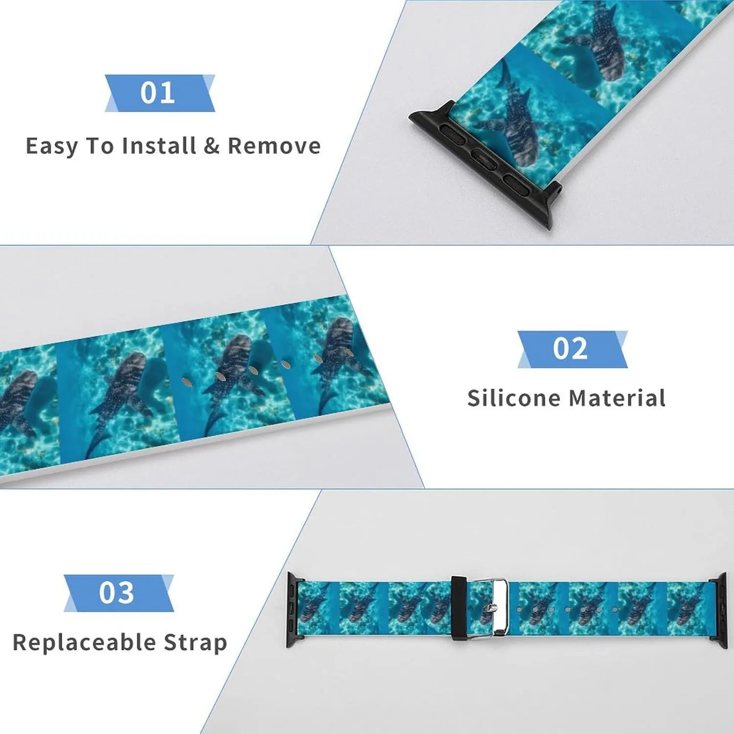 Whale Shark Ocean Adjustable Silicone Watchband Compatible with IWatch Classic Soft Sports Watch Strap for Men Women
