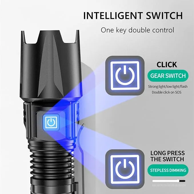 WINDFIRE Ultra Bright Flashlight USB Rechargeable, Powerful 6000 Lumen Handheld Flashlight with 4 Modes, Zoomable, IPX4 Waterproof Tactical Torch for Camping, Emergency, Dog Walking