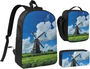 Windmill Blue print Backpack Set Casual Shoulder Bag Lunch Bag Pen Pouch 3 in 1 Set 17inch for Women Men College