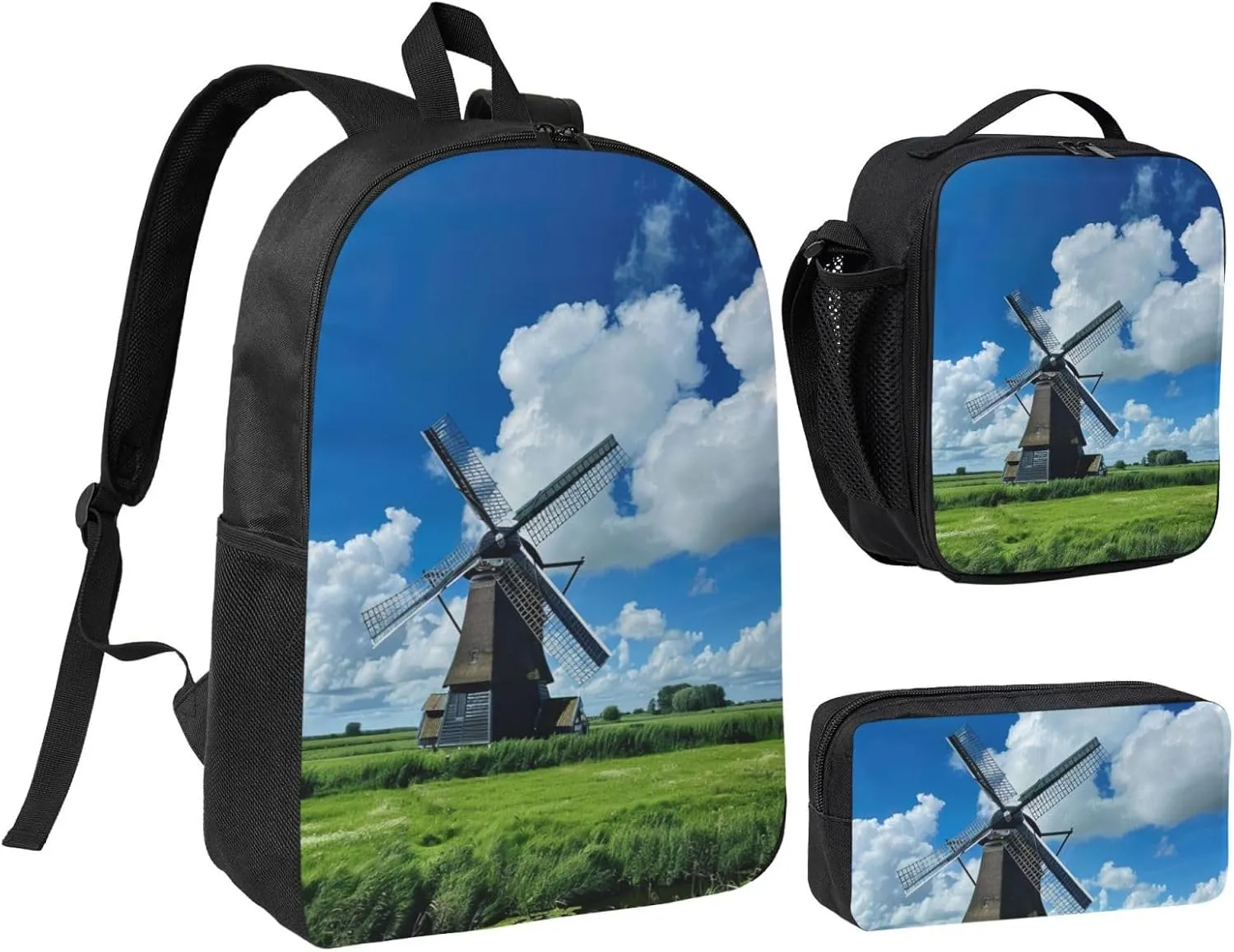 Windmill Blue print Backpack Set Casual Shoulder Bag Lunch Bag Pen Pouch 3 in 1 Set 17inch for Women Men College