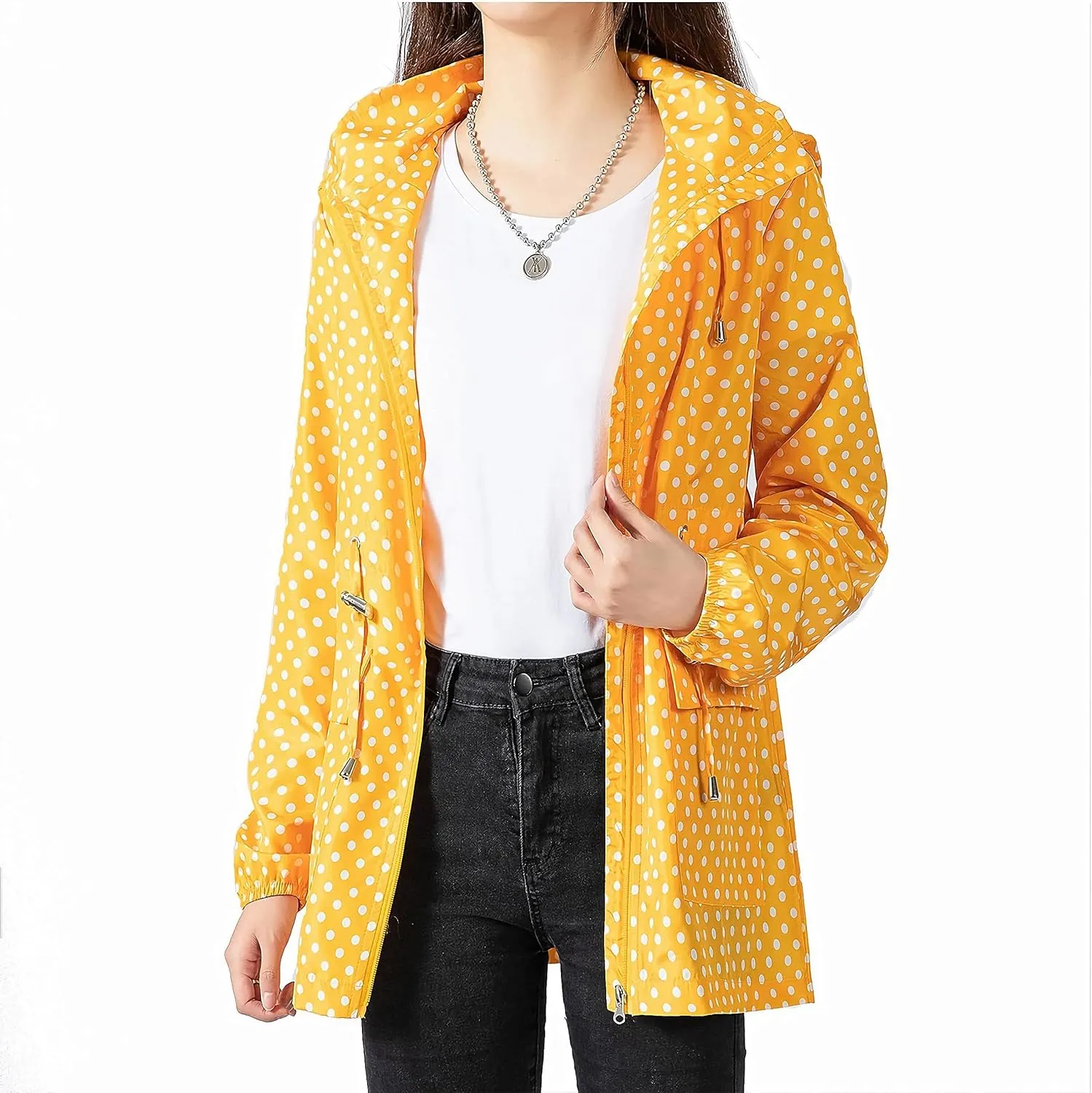 Women-Rain Jacket-Hood Waterproof-Lightweight Windbreak-Packable — Cute RainCoats Travel Polka Dot Ladies With Pouch