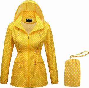 Women-Rain Jacket-Hood Waterproof-Lightweight Windbreak-Packable — Cute RainCoats Travel Polka Dot Ladies With Pouch