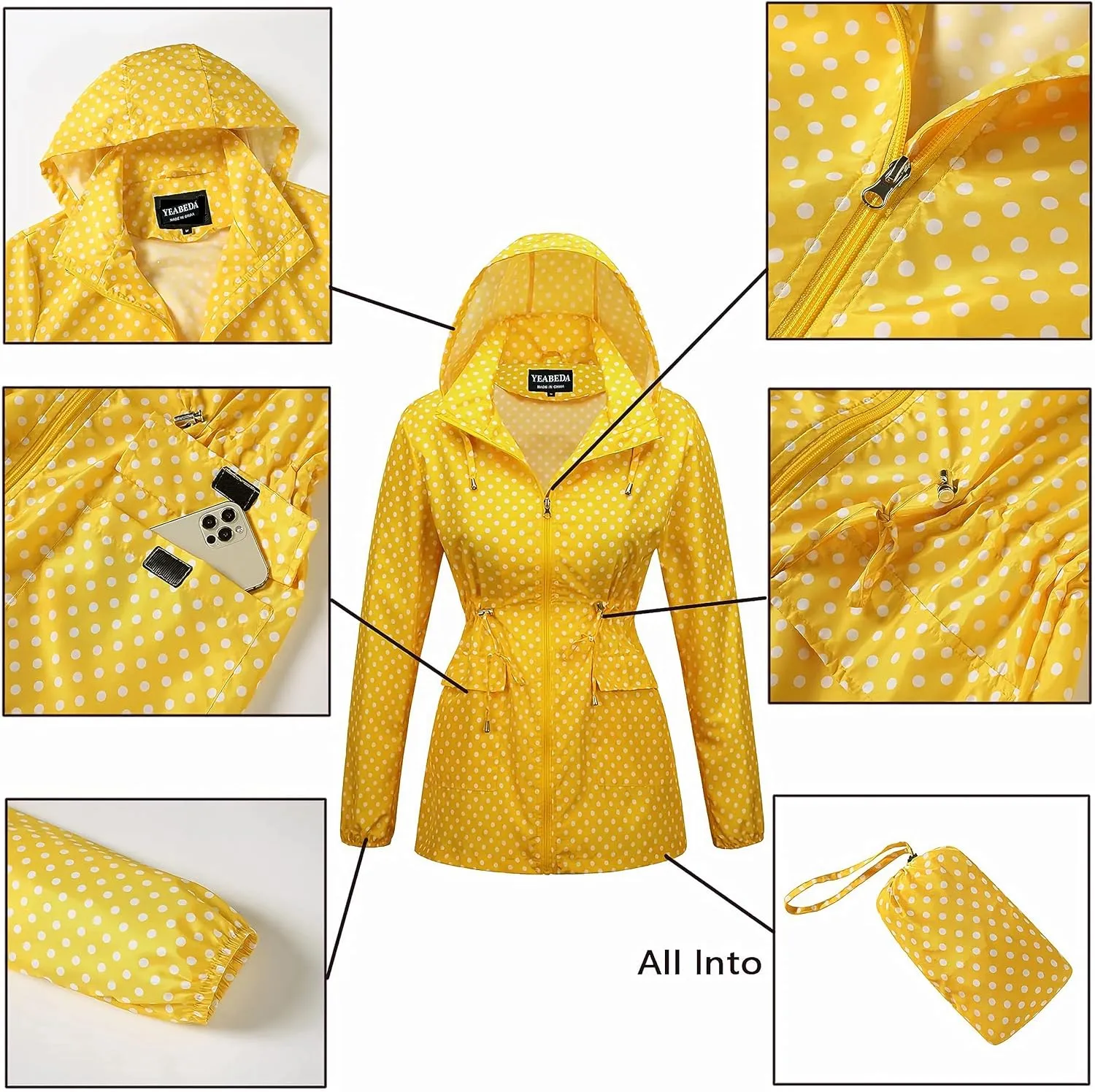 Women-Rain Jacket-Hood Waterproof-Lightweight Windbreak-Packable — Cute RainCoats Travel Polka Dot Ladies With Pouch