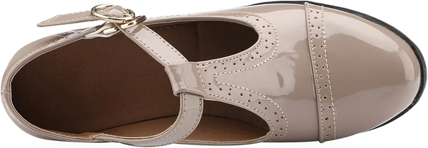 Women's Mid Block Heel T-Strap Mary Janes Pumps Adjustable Buckle Brogue Office Dress Shoes