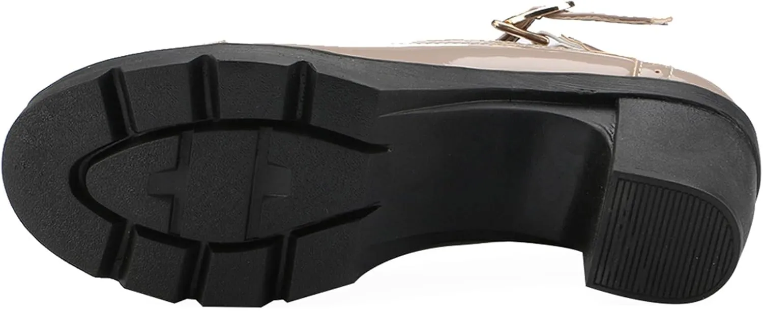 Women's Mid Block Heel T-Strap Mary Janes Pumps Adjustable Buckle Brogue Office Dress Shoes
