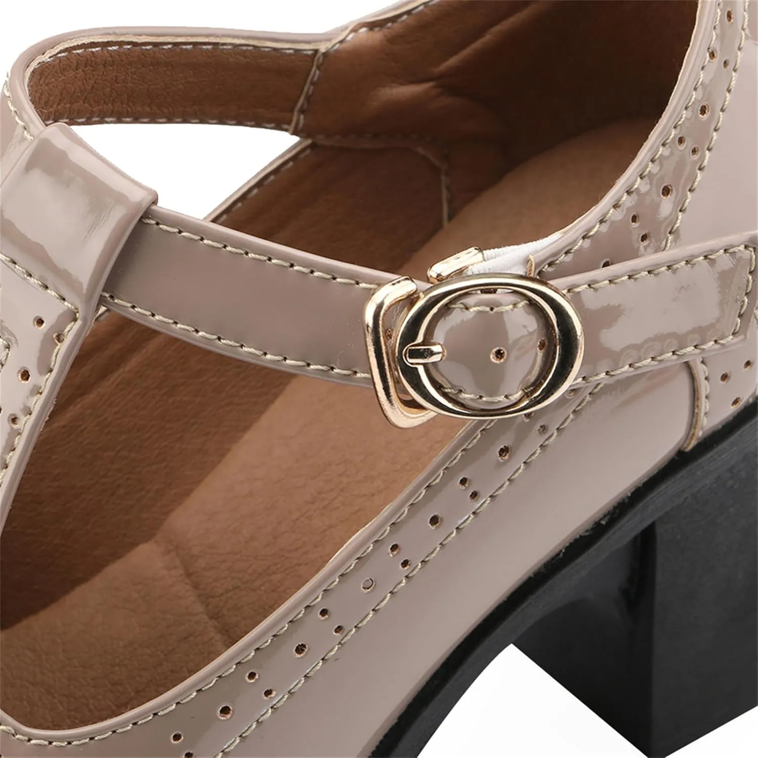 Women's Mid Block Heel T-Strap Mary Janes Pumps Adjustable Buckle Brogue Office Dress Shoes