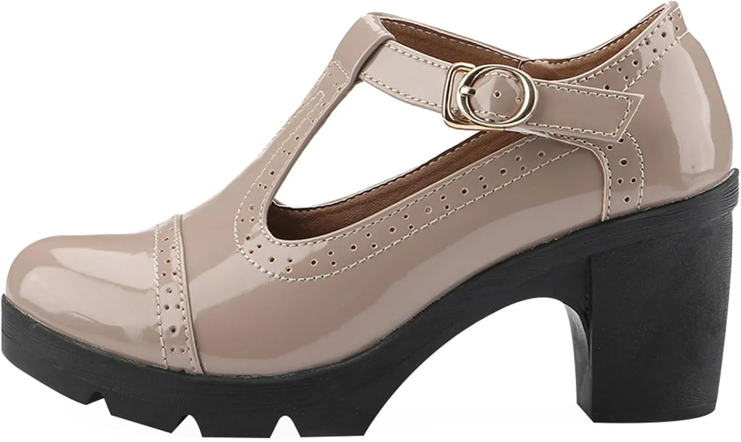 Women's Mid Block Heel T-Strap Mary Janes Pumps Adjustable Buckle Brogue Office Dress Shoes