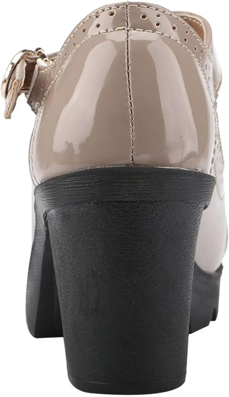 Women's Mid Block Heel T-Strap Mary Janes Pumps Adjustable Buckle Brogue Office Dress Shoes