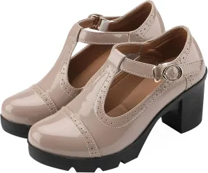 Women's Mid Block Heel T-Strap Mary Janes Pumps Adjustable Buckle Brogue Office Dress Shoes