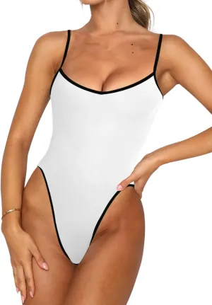 Women's One Piece Bathing Suit Adjustable Spaghetti Strap Swimsuit Color Block Swimwear