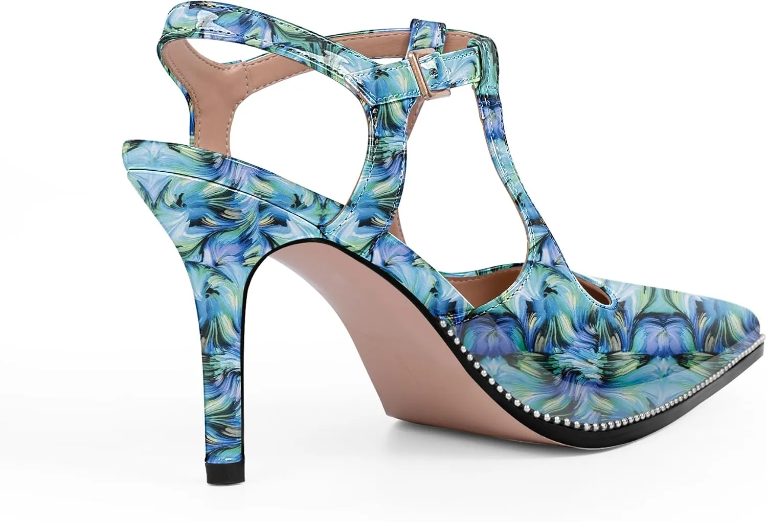 Women's Patent Leather T-Strap Stilettos High Heels Closed Pointed Toe Buckle Strap Dress Shoes Sexy Pumps