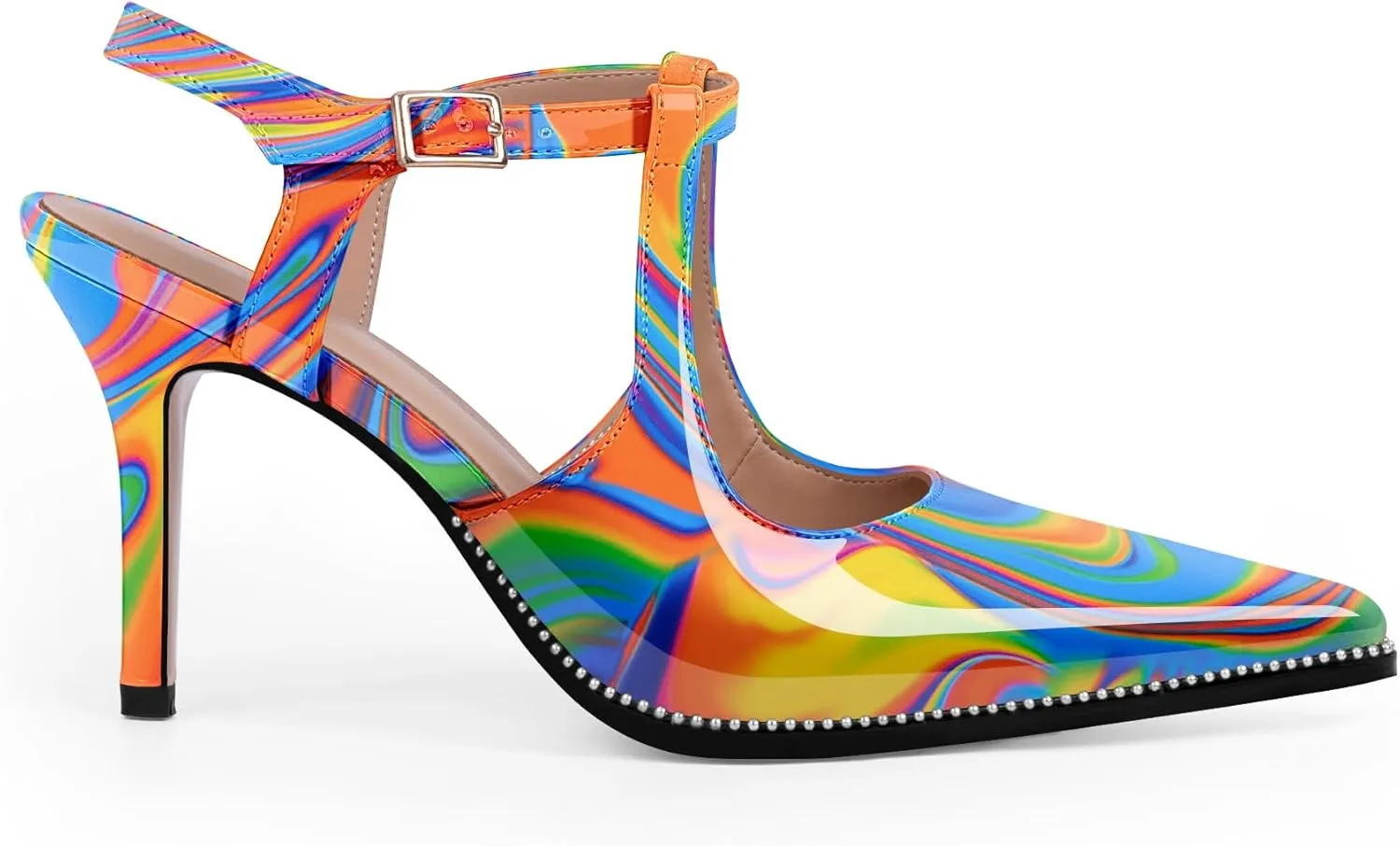 Women's Patent Leather T-Strap Stilettos High Heels Closed Pointed Toe Buckle Strap Dress Shoes Sexy Pumps