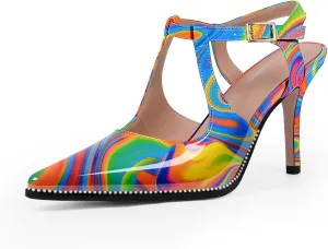 Women's Patent Leather T-Strap Stilettos High Heels Closed Pointed Toe Buckle Strap Dress Shoes Sexy Pumps