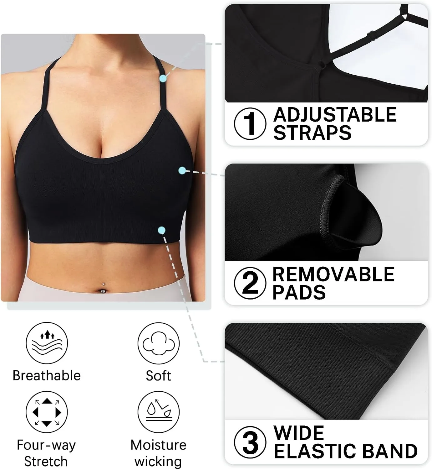 Women's Sports Bras Adjustable Y Back Spaghetti Strap Racerback Padded Wireless Yoga Workout Tops
