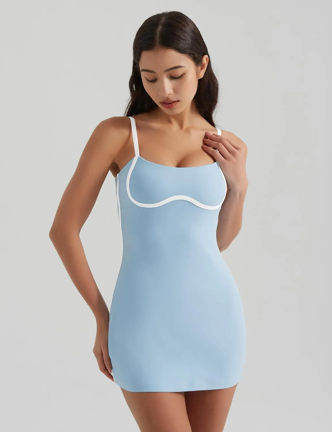 Womens Tennis Dress with Built-in Bra & Shorts Pockets,Sleeveless Adjustable Spaghetti Strap Colorblock Golf Dresses