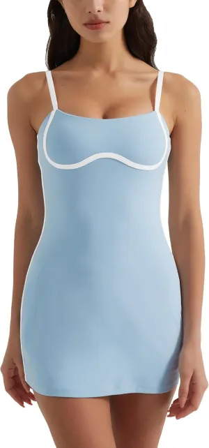 Womens Tennis Dress with Built-in Bra & Shorts Pockets,Sleeveless Adjustable Spaghetti Strap Colorblock Golf Dresses
