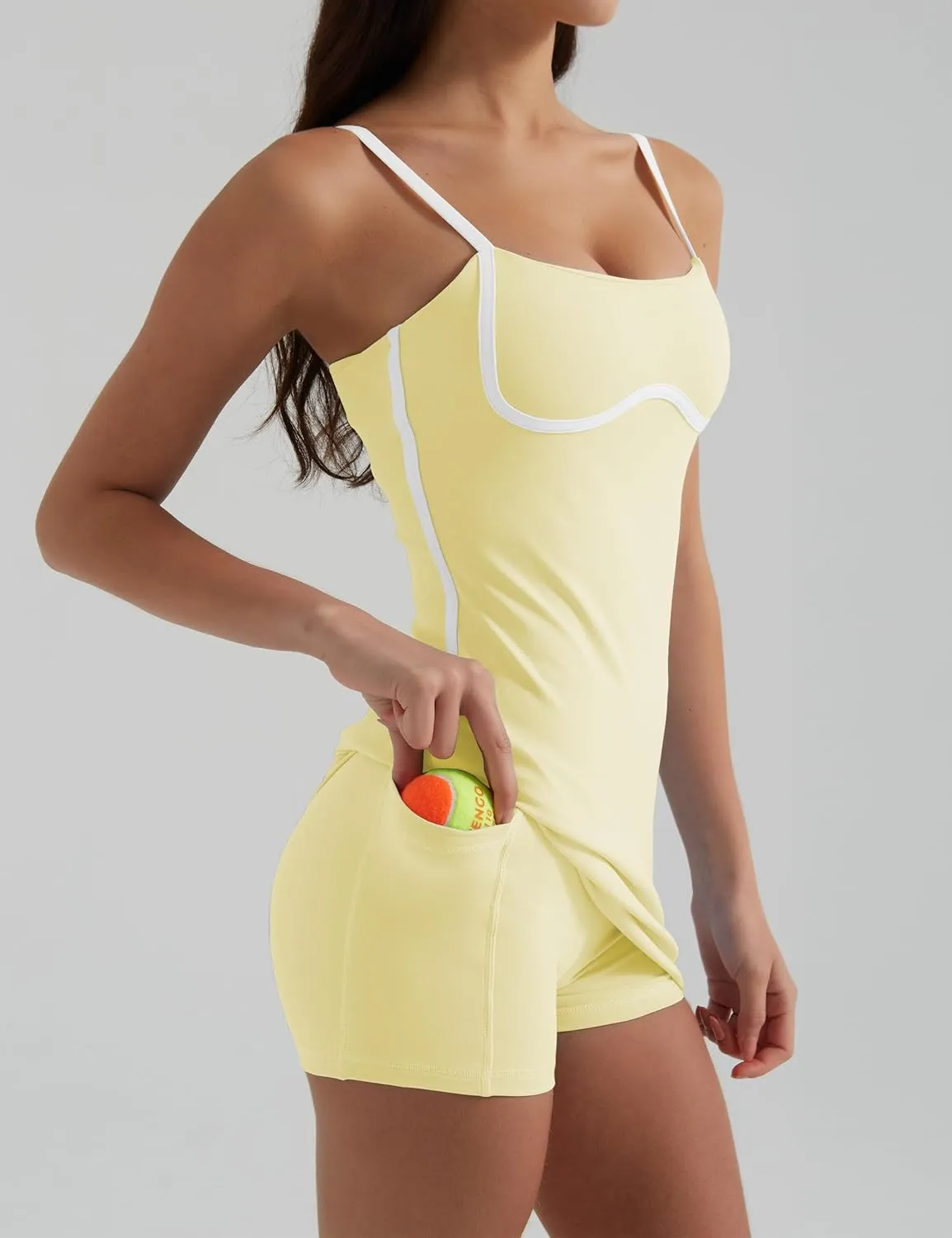 Womens Tennis Dress with Built-in Bra & Shorts Pockets,Sleeveless Adjustable Spaghetti Strap Colorblock Golf Dresses
