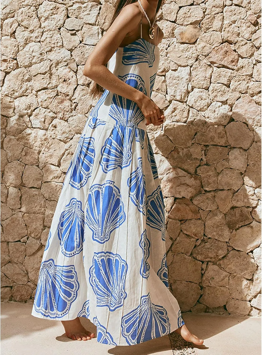 Womens Y2k Boho Palm Print Spaghetti Strap Midi Flowy Dress Cute Floral Ruffle Cami Maxi Dresses Summer Sundress