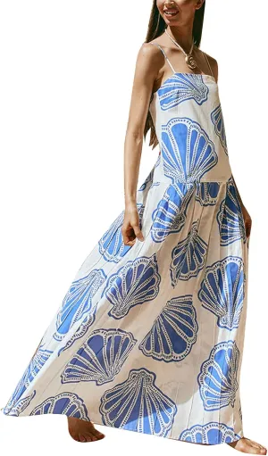 Womens Y2k Boho Palm Print Spaghetti Strap Midi Flowy Dress Cute Floral Ruffle Cami Maxi Dresses Summer Sundress