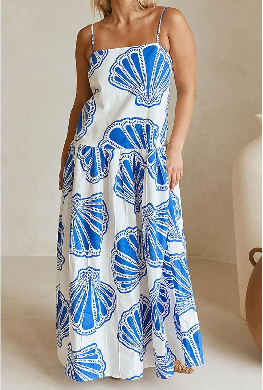 Womens Y2k Boho Palm Print Spaghetti Strap Midi Flowy Dress Cute Floral Ruffle Cami Maxi Dresses Summer Sundress