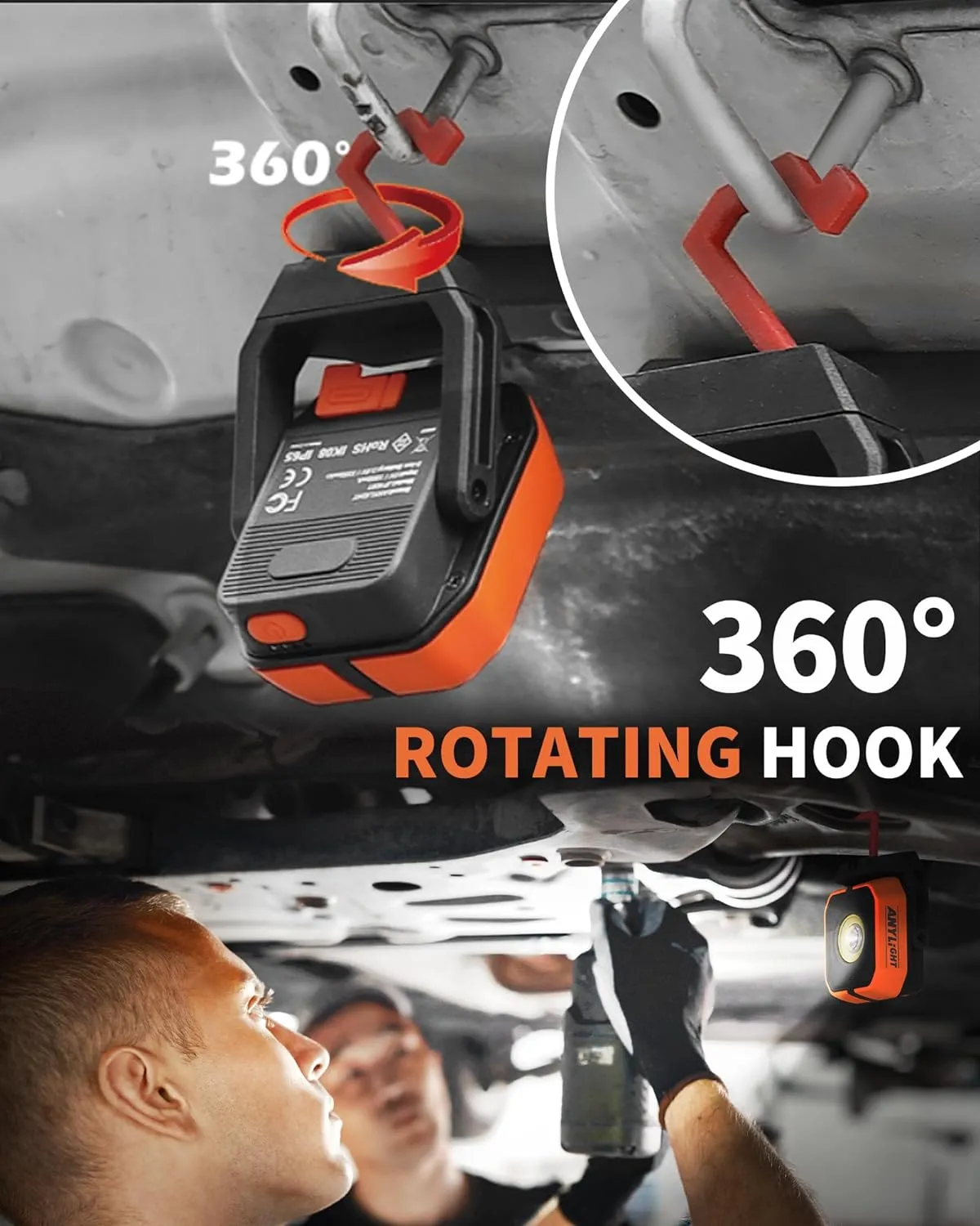 Work Light, Magnetic Rechargeable Light with 4 Modes & 150°Rotatable, 1200LM Waterproof Portable Light with 360° Rotating Hook for Emergency Car Repair, Grill, Outdoor work (1 Pack with Hook)