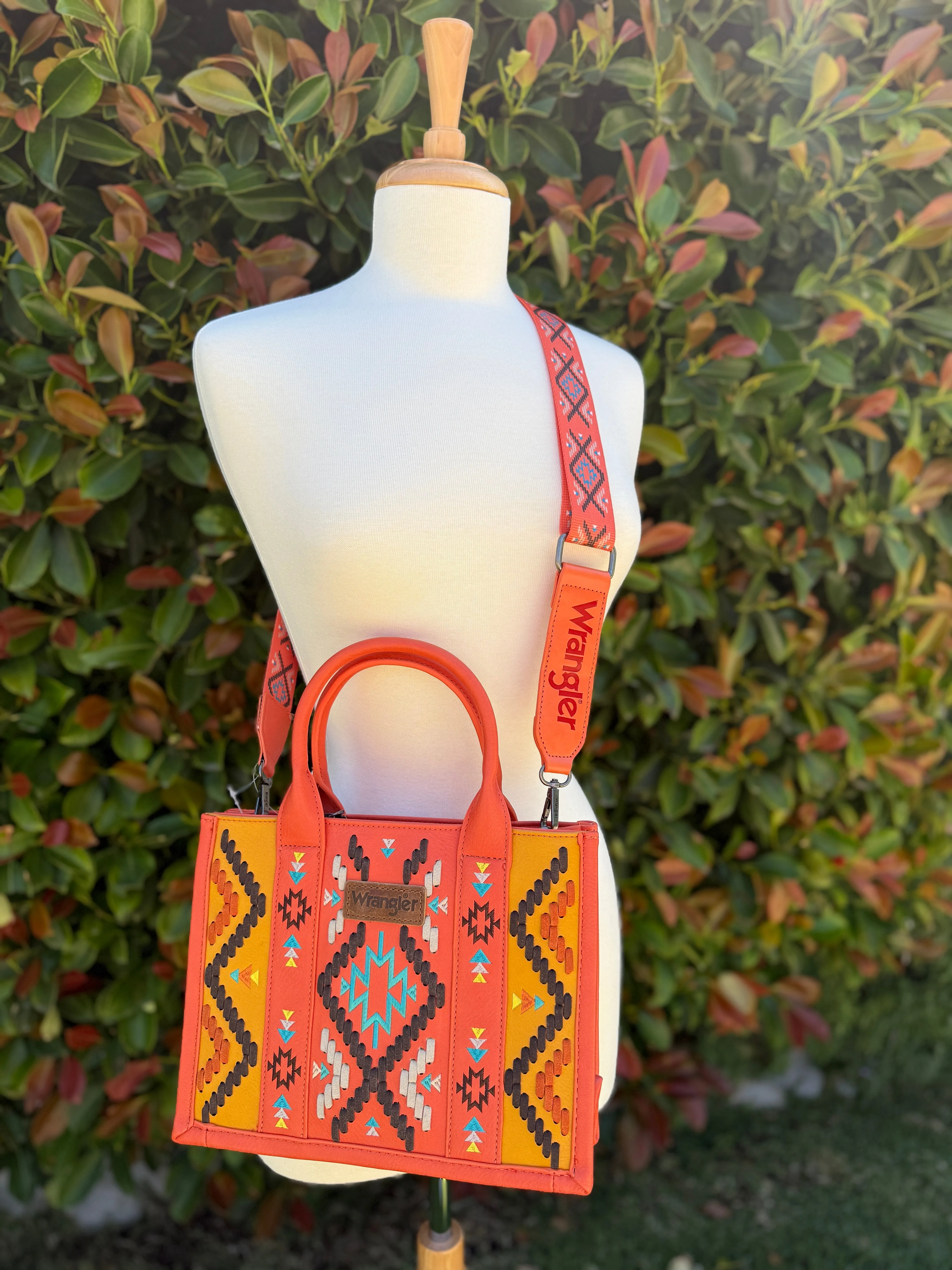 Wrangler Aztec Embroidered Tote/Crossbody - Orange