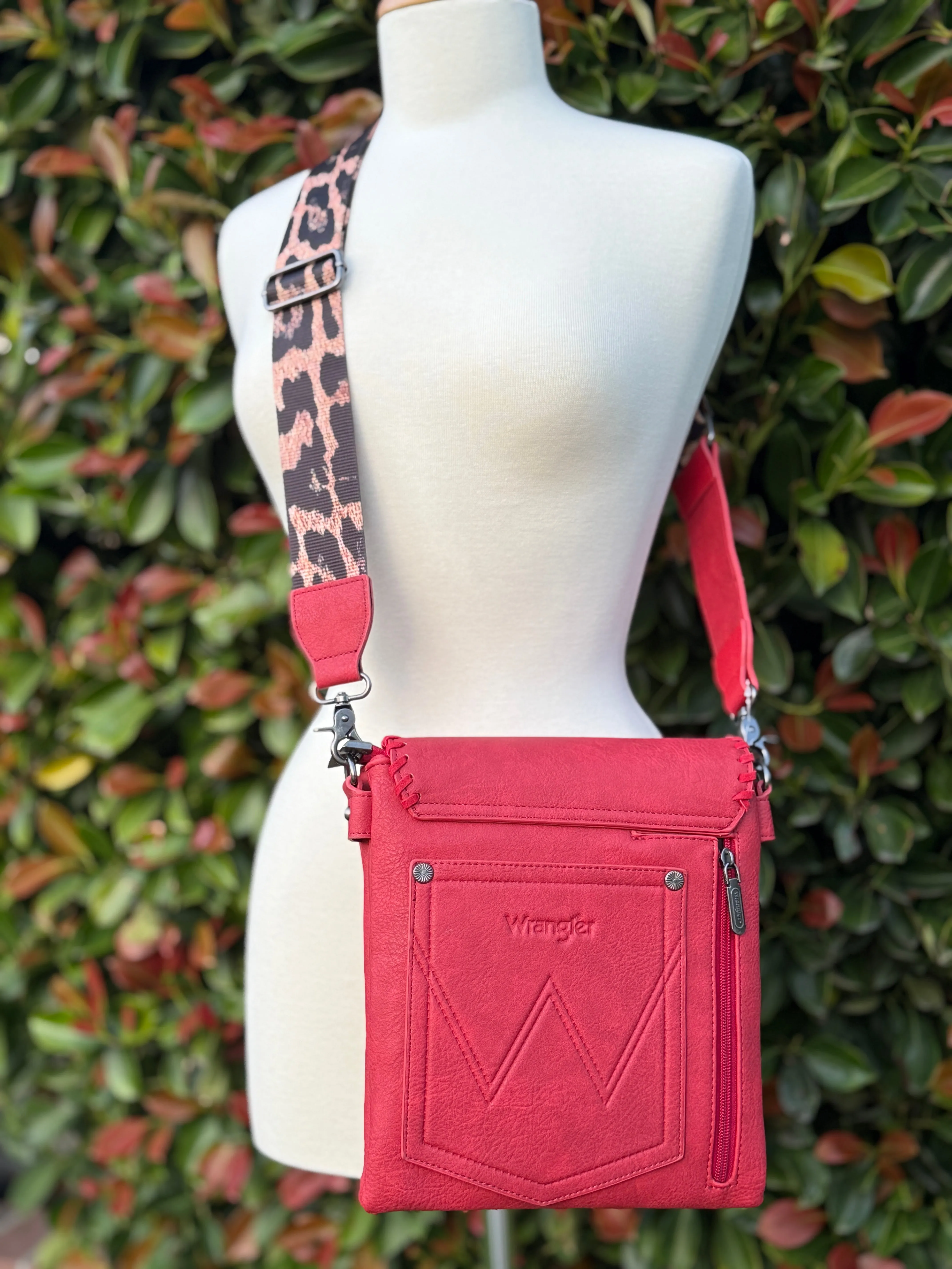 Wrangler Whipstitch Leopard Print Crossbody - Red