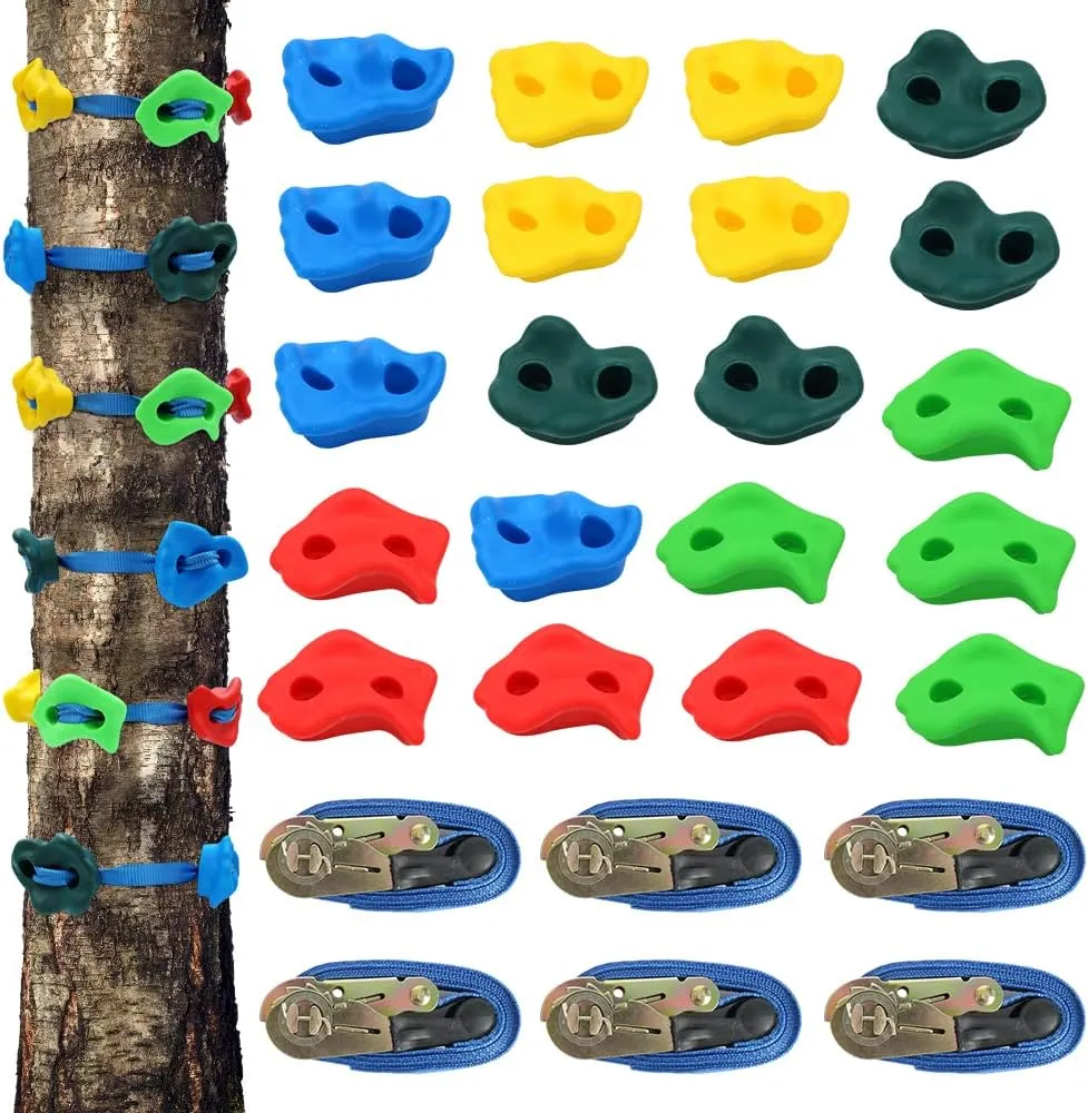 X XBEN 20 Rock Climbing Holds and 6 Ratchet Strap for Kids/Adult Climber, Build Rock Climbing Wall Grips, Ninja Tree Climbing Kit for Indoor and Outdoor Jungle Gym Playground